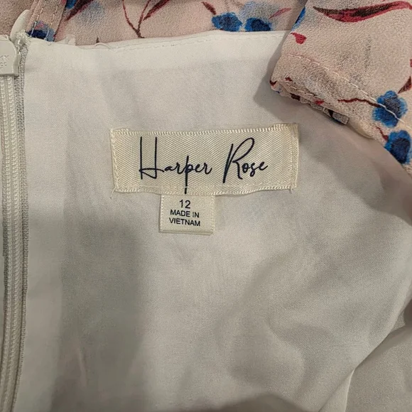 Harper Rose Womens Floral Midi Dress Size 12 Pink Blue Belt Puff Sleeve NWOT - Picture 2 of 12